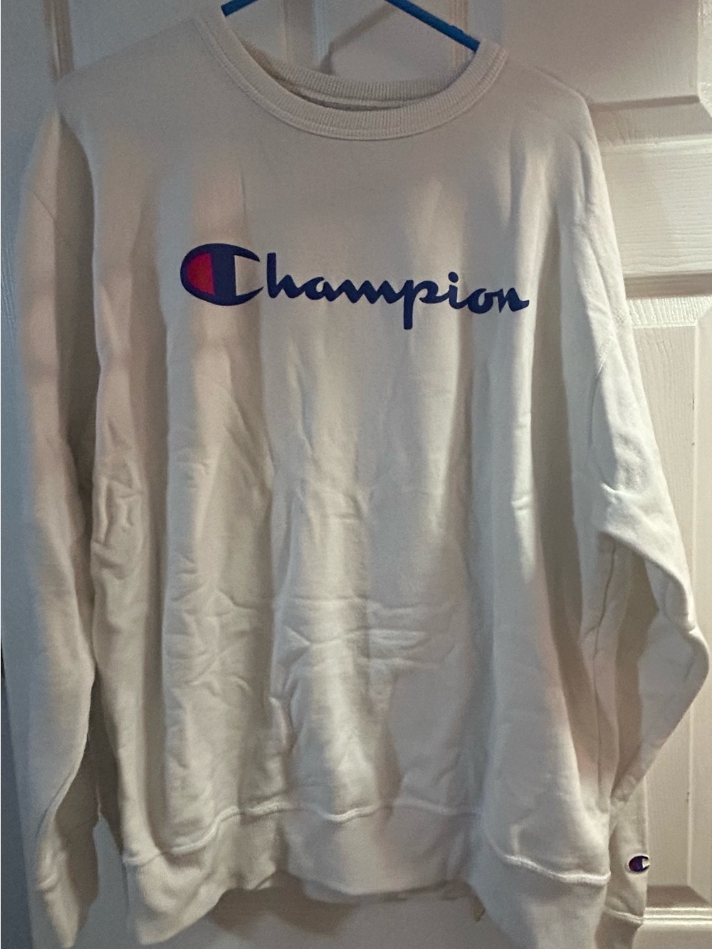 Champion White Crewneck Sweatshirt with Blue and Red Script
